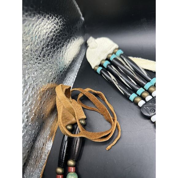 Hand Made Tribal/ Native Leather Tied Necklaces/ Untested Beads Stone Wood Mix - Picture 5 of 5
